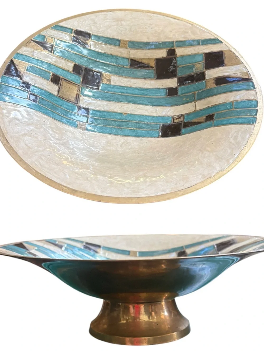 Vintage Brass Enamel  Turquoise Ivory Pedestal Bowl 9